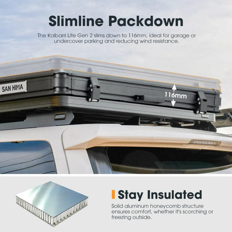 San Hima Kalbarri Lite Gen 2 Rooftop Tent Grey + Ladder & Rack + 200W Solar Panel
