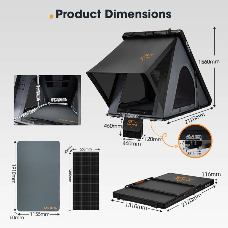 San Hima Kalbarri Lite Gen 2 Rooftop Tent Grey + Ladder & Rack + 200W Solar Panel