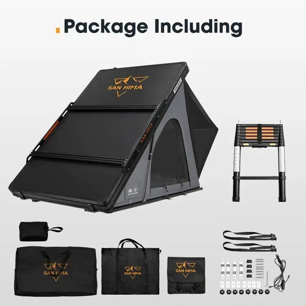 Everything included with the Kalbarri Lite Gen 2 in grey: tent, telescopic ladder, storage bags, mounting hardware and straps