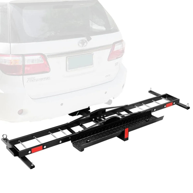 San Hima Motorcycle Carrier Rack with Ramp showcasing trailer hitch attachment and features