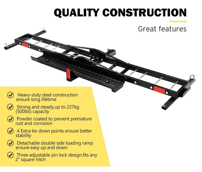 San Hima motorcycle carrier rack with extendable ramp and San Hima features for hitch mounting