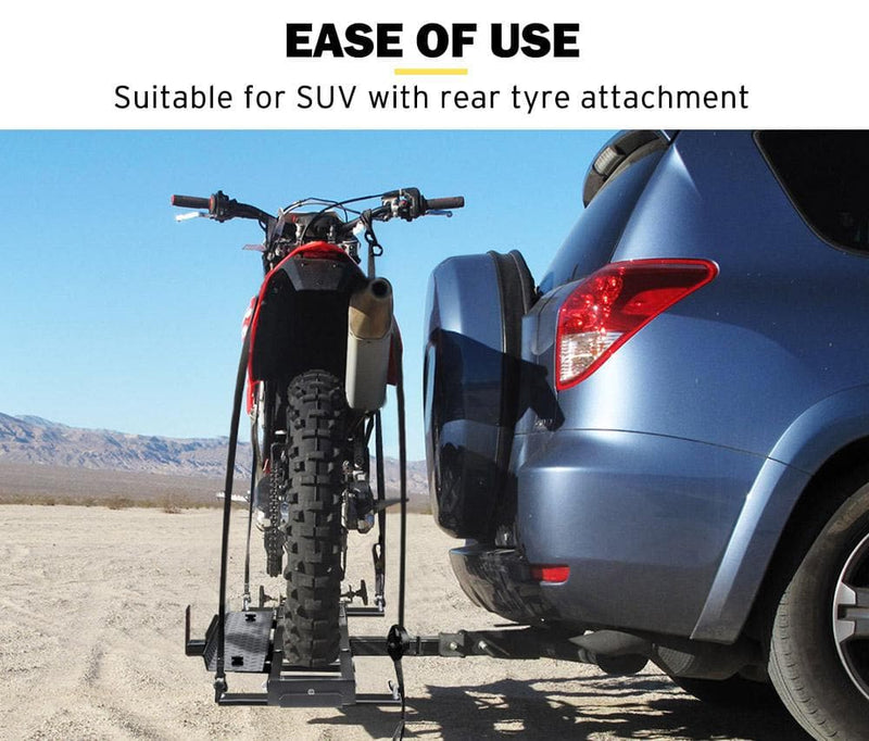 San Hima motorcycle carrier rack with ramp attached to SUV rear showcasing San Hima features