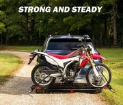 Red and white off-road motorcycle on San Hima Motorcycle Carrier Rack with Ramp