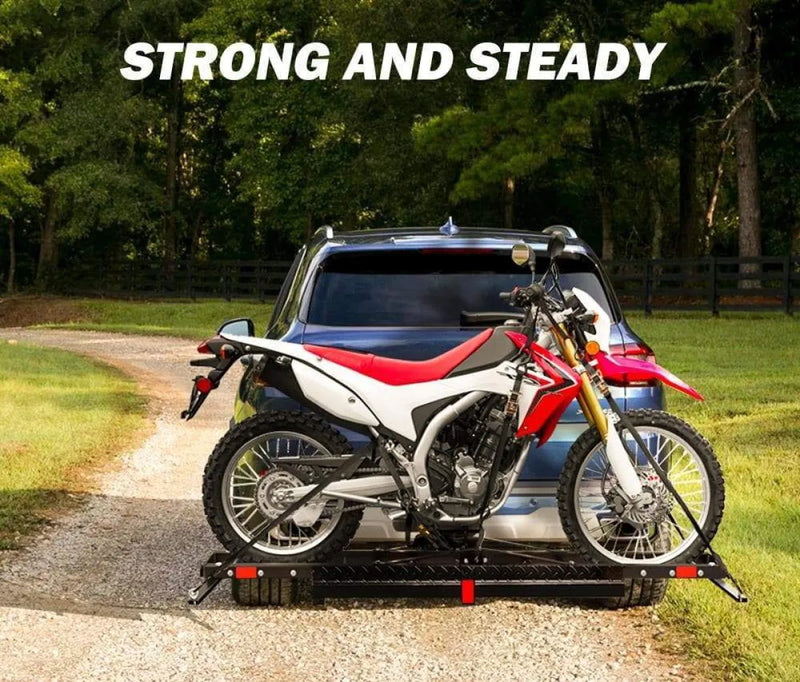 Red and white off-road motorcycle on San Hima Motorcycle Carrier Rack with Ramp