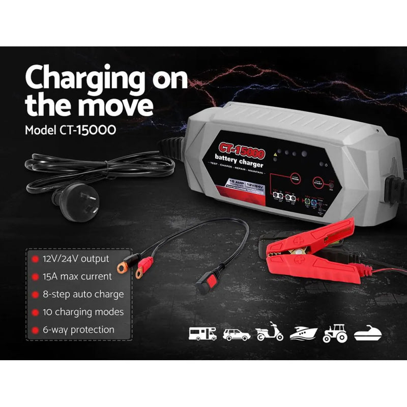 Smart battery charger with digital display and connection cables for vehicles