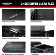 UnderCover Ultra Flex Hard Folding Truck Bed Cover with multiple feature highlights