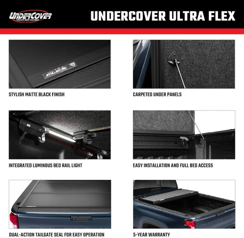 UnderCover Ultra Flex Hard Folding Truck Bed Cover with multiple feature highlights
