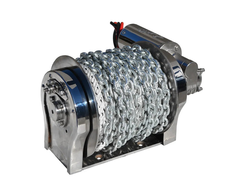 Viper Pro Gravity Feed Drum Anchor Winch with electric winch and chain wrapped around drum