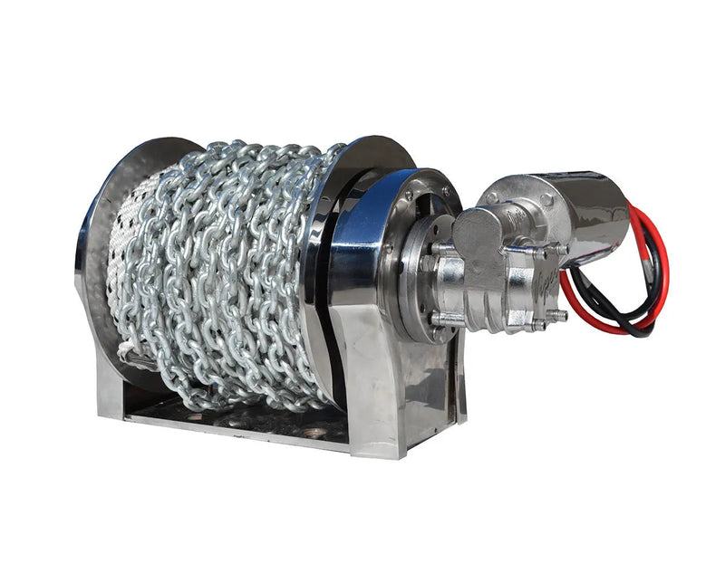 Electric Viper Pro gravity feed drum anchor winch with metal chain wrapped around drum