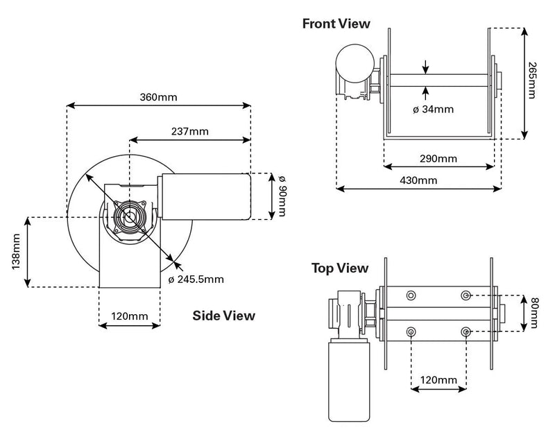 Technical schematic of Viper Pro Gravity Feed Drum Anchor Winch with dimensions