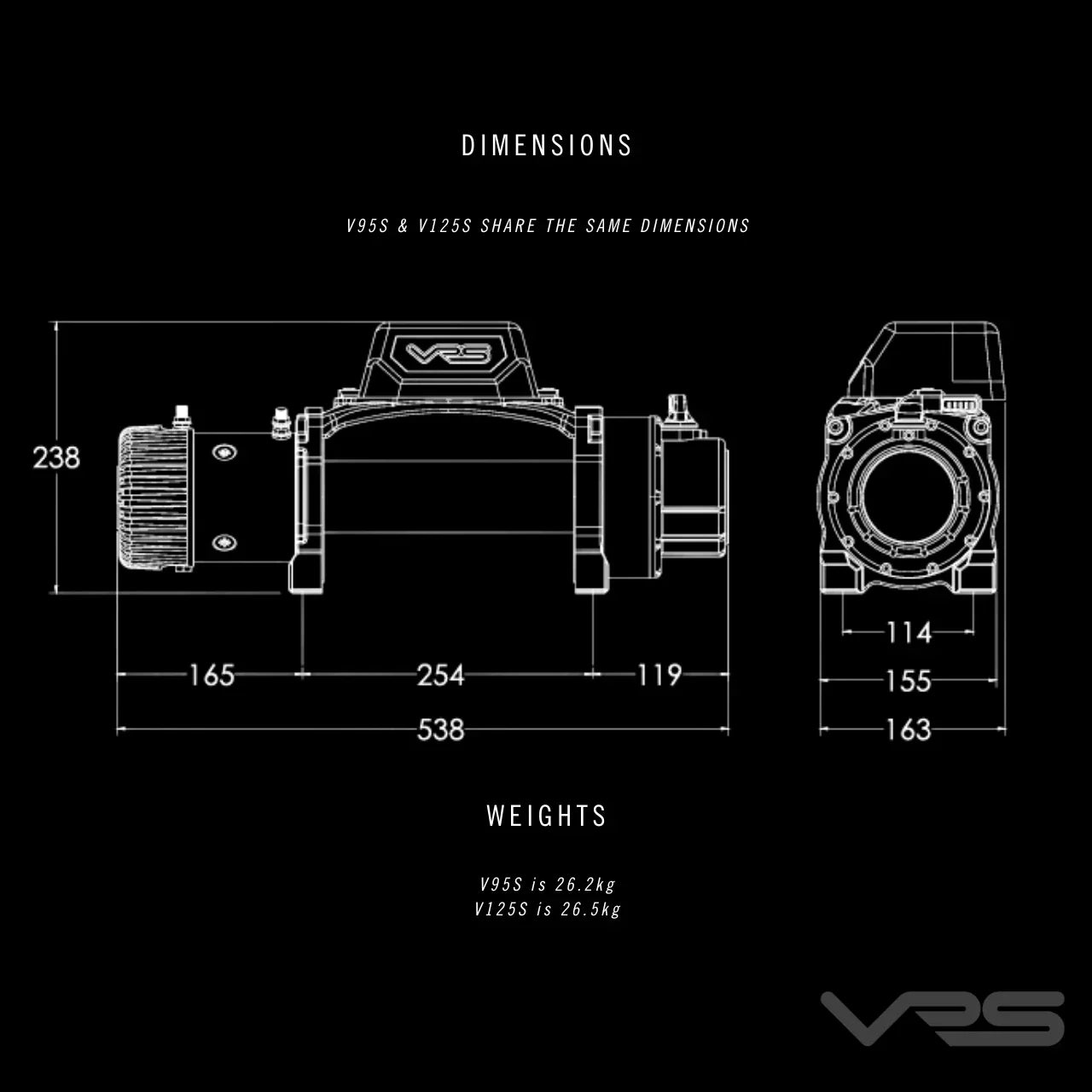 Supplier dimension drawing for V95S and V125S, including overall dimensions and weights