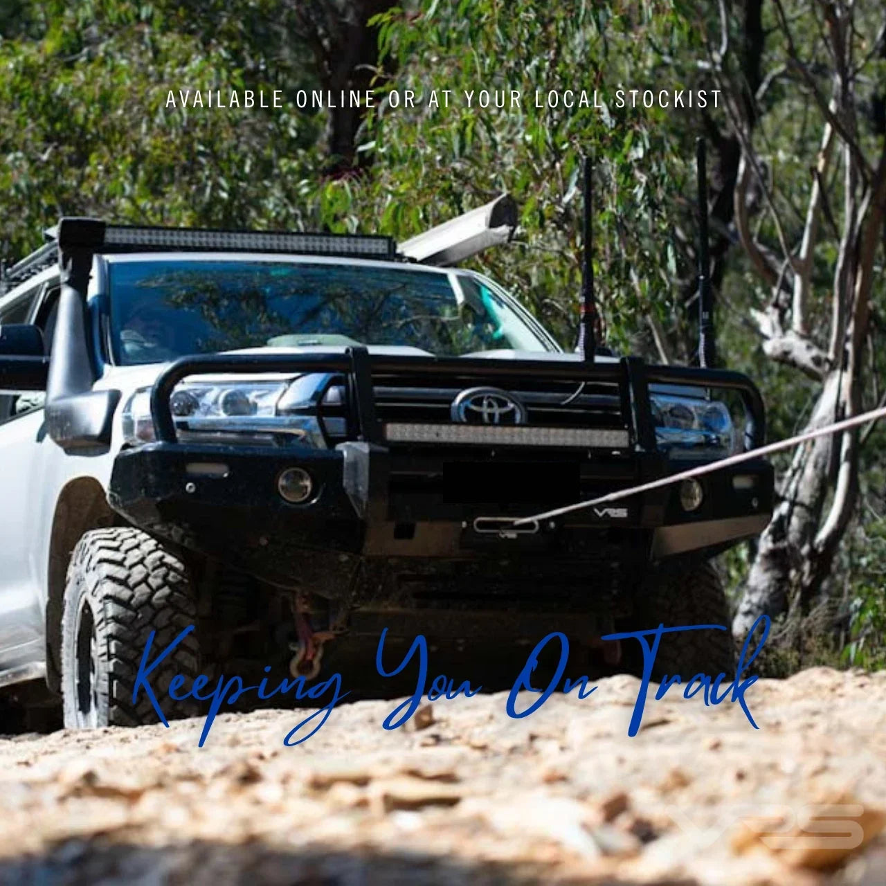 Four-wheel drive using a winch line on a wooded track, with supplier text panel