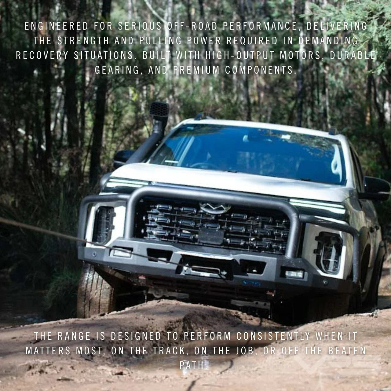 VRS winch fitted to a four-wheel drive on a forest track, with supplier text panel