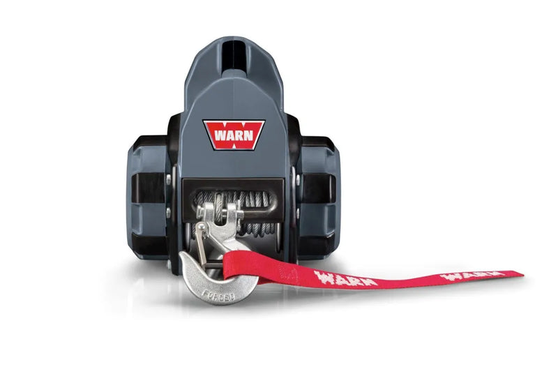 Warn 750lb drill winch with red strap, portable drill powered puller for heavy lifting