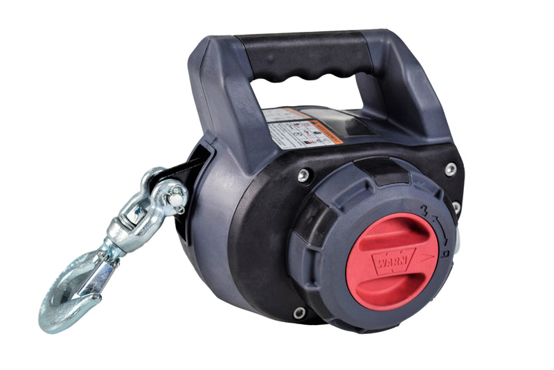Warn 750lb portable drill winch with metal hook and handle for versatile lifting tasks