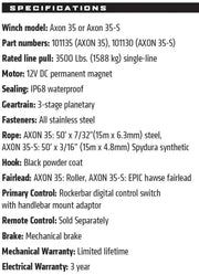 Specifications sheet for Warn Axon 35 Powersport ATV Winch with technical details and features