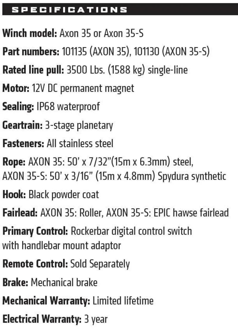 Specifications sheet for Warn Axon 35 Powersport ATV Winch with technical details and features
