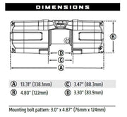 Technical diagram with dimensions and mounting specs for Warn Axon 35 powersport ATV winch