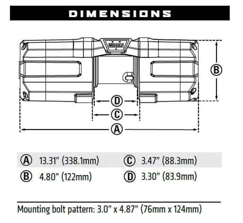 Technical diagram with dimensions and mounting specs for Warn Axon 35 powersport ATV winch