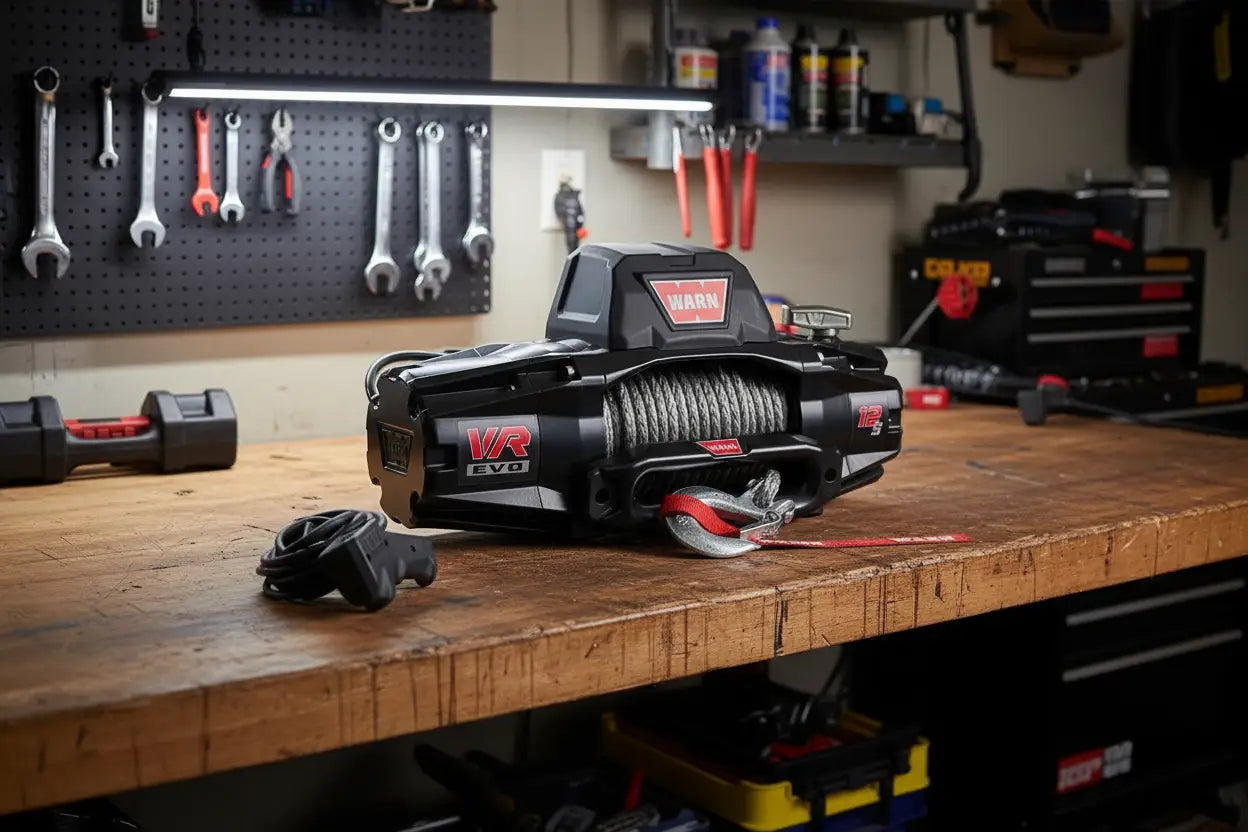 Warn VR Evo 12-S winch displayed on a workshop bench