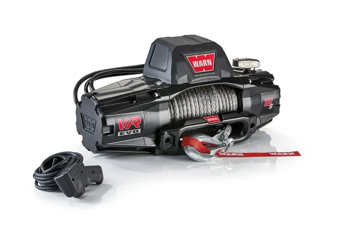 Angled view of the Warn VR Evo 12-S winch and remote
