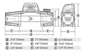 Technical schematic of Warn VR Evo 12-S Winch with Synthetic Rope showing multiple views and dimensions