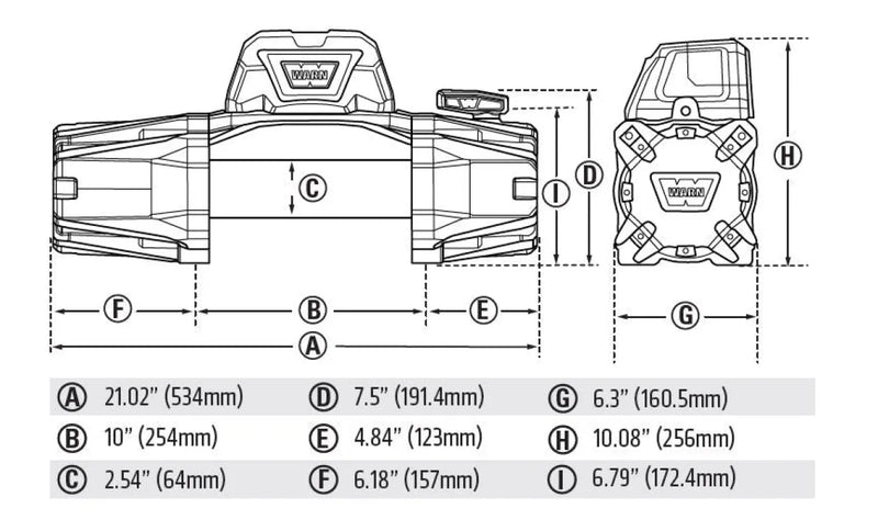 Technical schematic of Warn VR Evo 12-S Winch with Synthetic Rope showing multiple views and dimensions