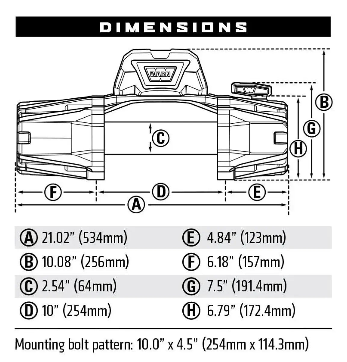 Warn VR Evo 8-S winch dimensions and mounting pattern