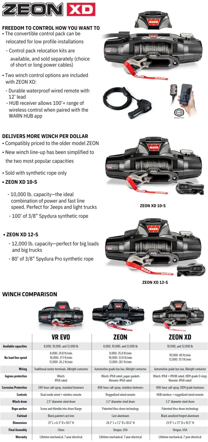 Warn Zeon XD 10-S 12V 10,000lbs Electric Winch with Spydura Synthetic Rope
