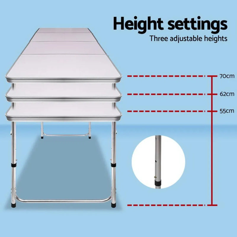 Adjustable folding camping table with three height settings at 55cm, 62cm, and 70cm