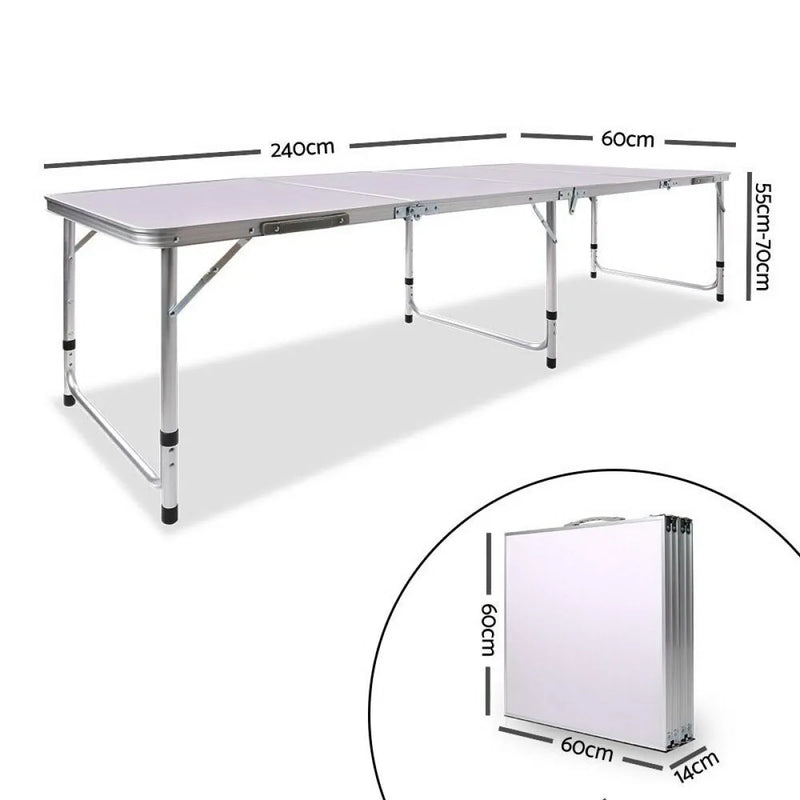 Foldable rectangular camping table with adjustable height and metal frame for portable camping trips