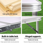 Portable folding camping table with MDF top and aluminum frame for outdoor use