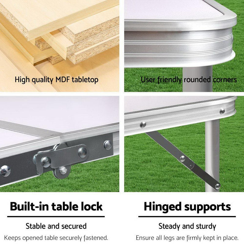 Portable folding camping table with MDF top and aluminum frame for outdoor use