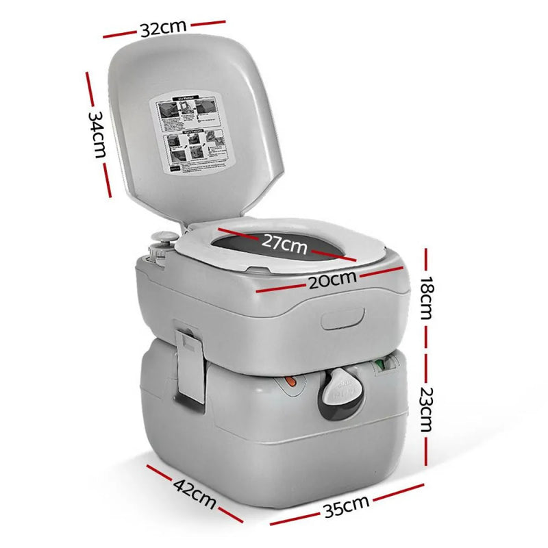 Portable camping toilet with labeled dimensions for Weisshorn Outdoor 22 Litre camping toilet