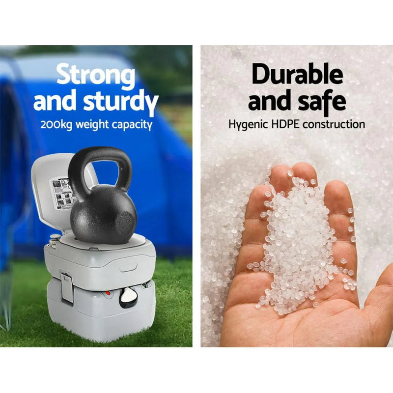 Kettlebell resting on stacked weight plates beside Weisshorn Outdoor Portable Camping Toilet