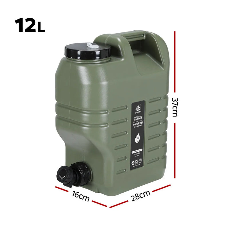 Olive green Poly Jerry Can with Tap, wide handle, capacity markings, extension tube, cleaning brush
