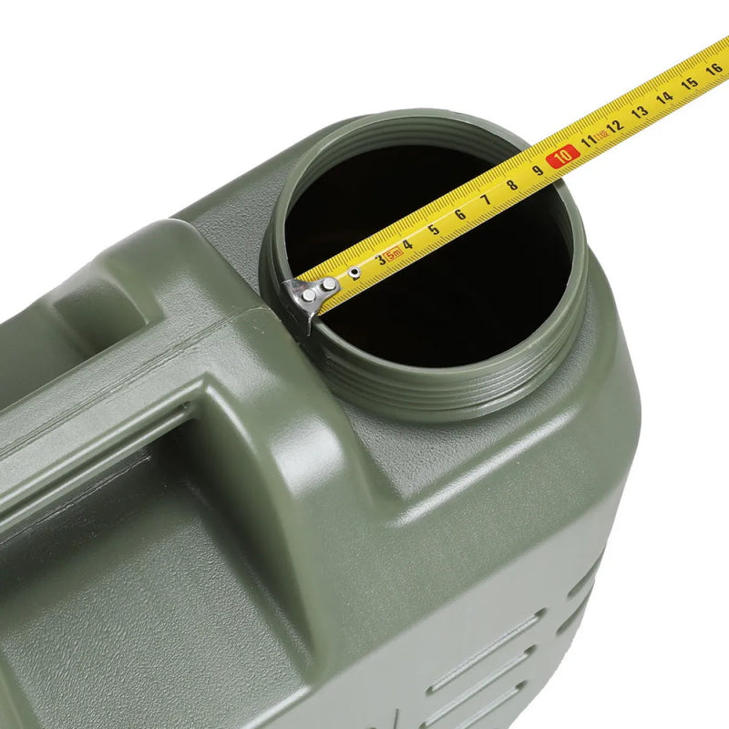 Olive green Weisshorn Poly Jerry Can with Tap featuring wide handle and measuring tape