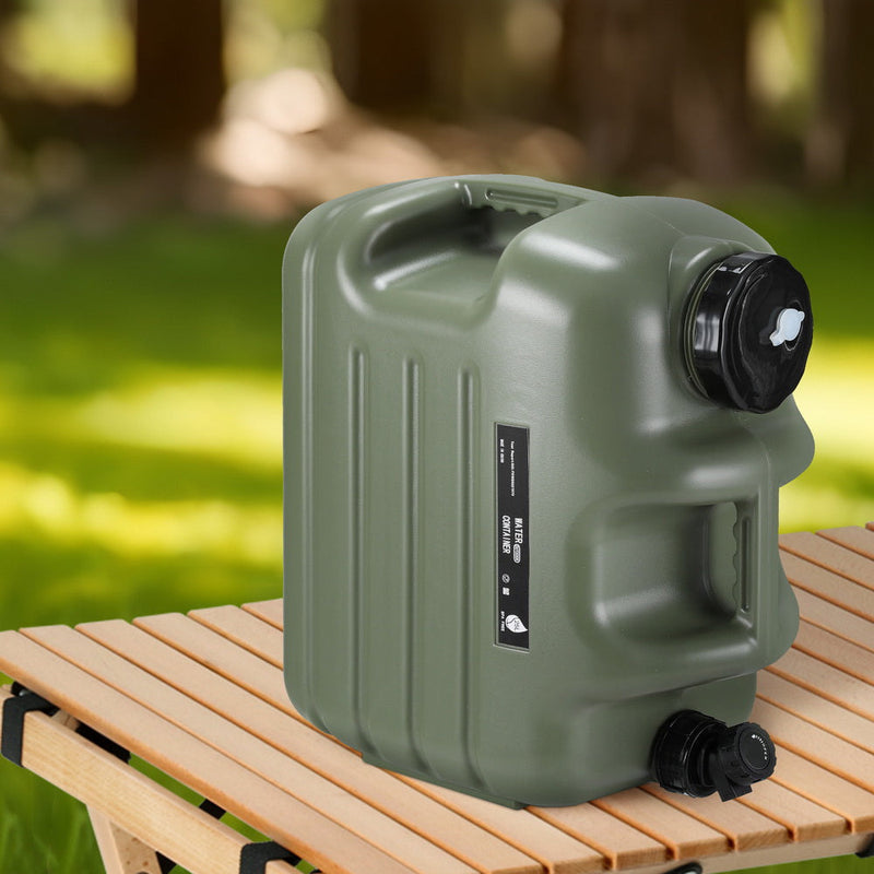 Olive green 25L Weisshorn Poly Jerry Can with tap water tank extension tube and cleaning brush