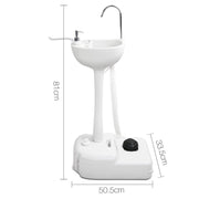 Portable outdoor wash basin with tall pedestal and curved faucet for camping wash