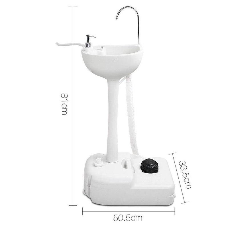Portable outdoor wash basin with tall pedestal and curved faucet for camping wash