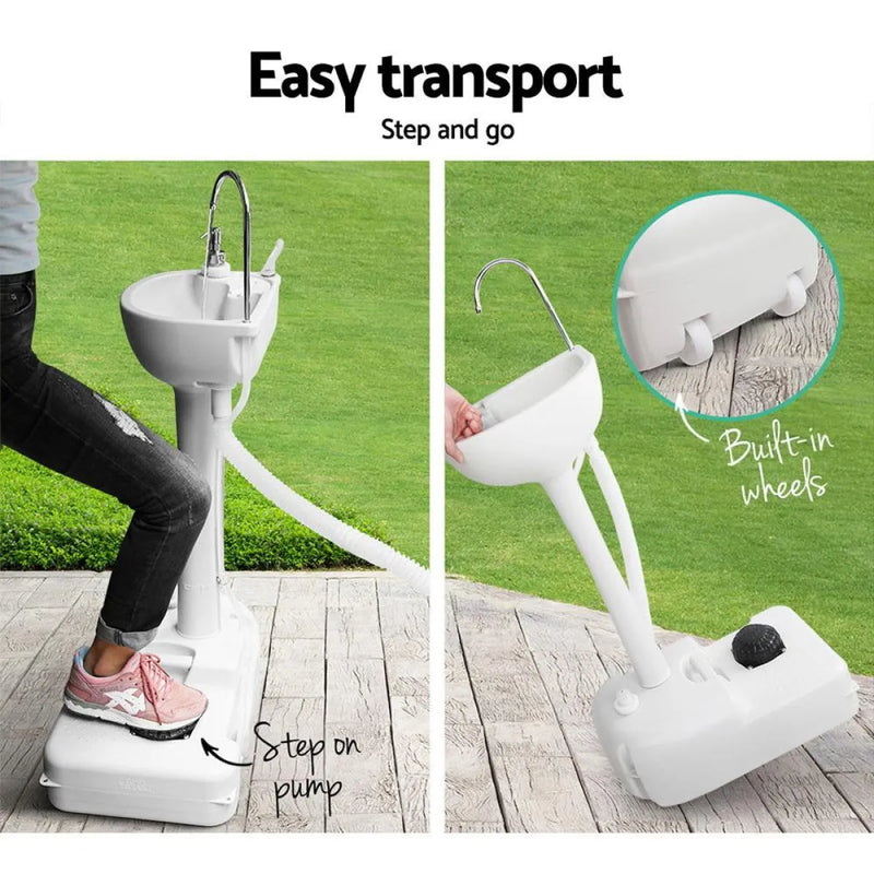 Portable camping wash basin with wheels and step-on pump for easy transport