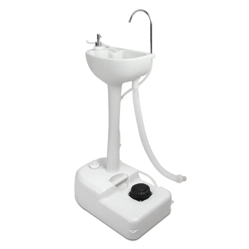 Portable camping wash basin with tall stand and 19 Litre water tank for outdoor use