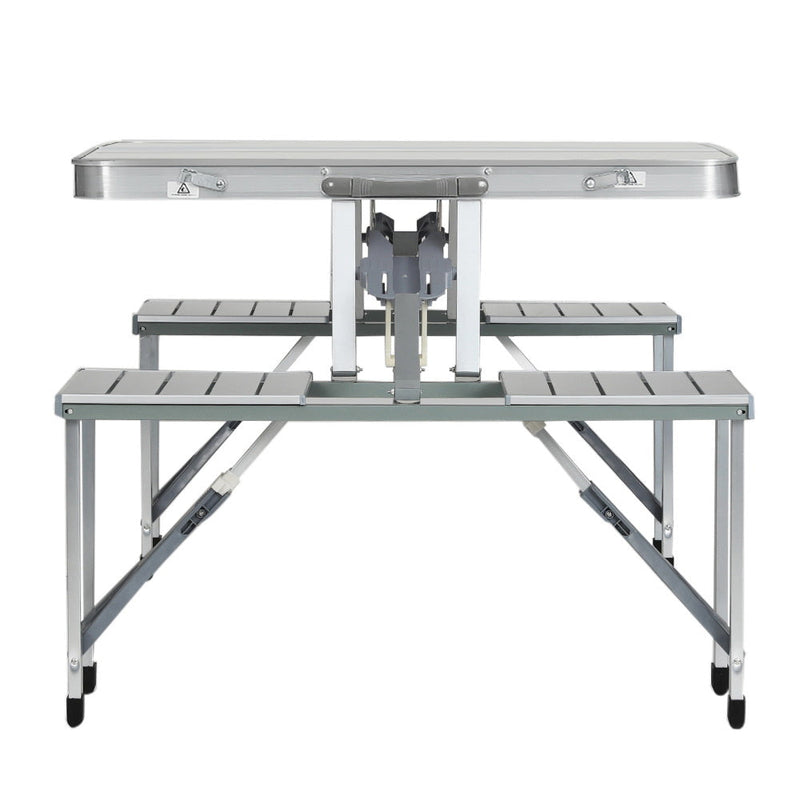 Folding aluminum camping table with attached benches from Weisshorn Portable Folding Camping Table and Chair Set