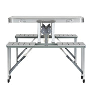 Folding aluminum camping table with attached benches from Weisshorn Portable Folding Camping Table and Chair Set