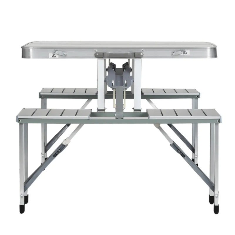 Folding aluminum camping table with attached benches from Weisshorn Portable Folding Camping Table and Chair Set