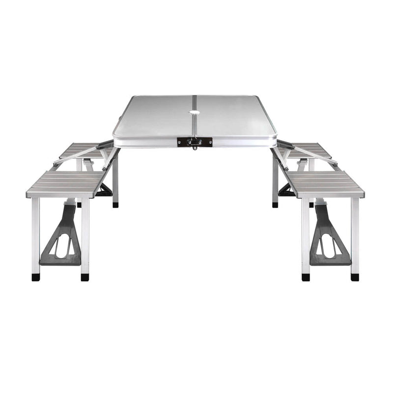 Portable folding camping table with attached benches from Weisshorn for outdoor adventures