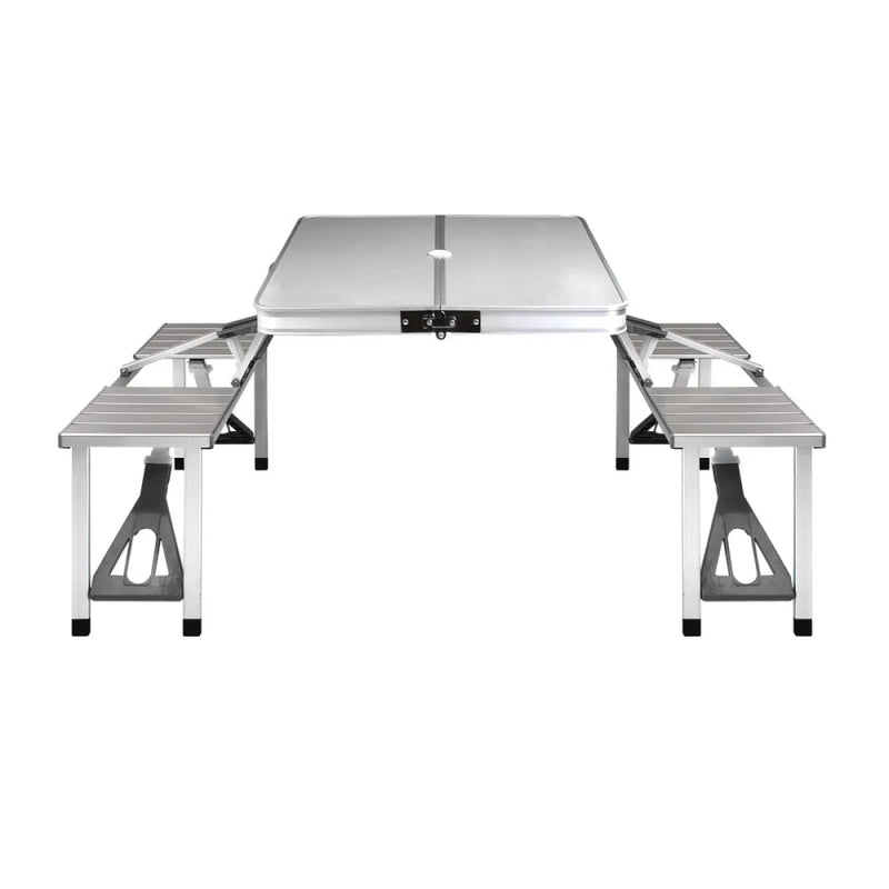 Portable folding camping table with attached benches from Weisshorn for outdoor adventures