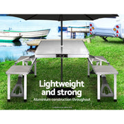 Weisshorn Portable Folding Camping Table and Chair Set with attached benches and umbrella