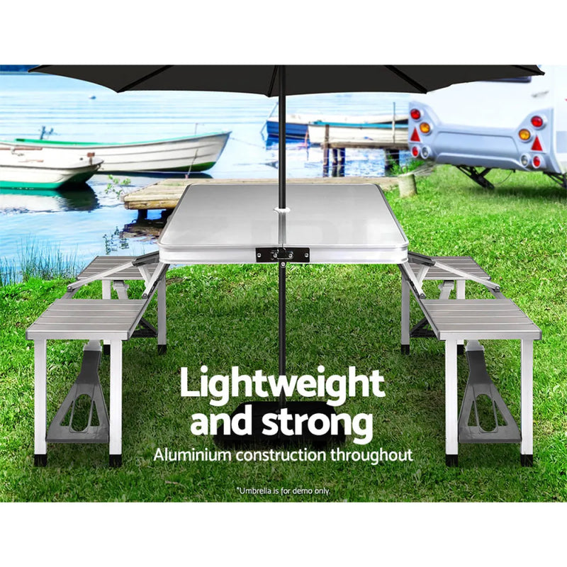 Weisshorn Portable Folding Camping Table and Chair Set with attached benches and umbrella