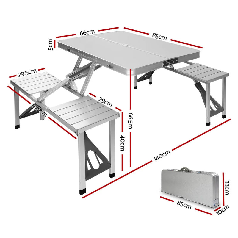 Portable folding camping table with attached benches from Weisshorn’s camping table set